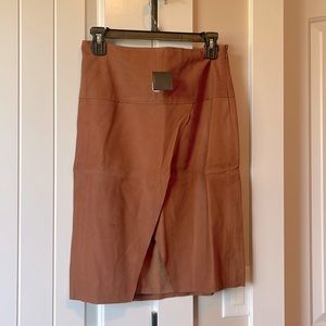 NWT Club Monaco Leather Cognac Dark Tan Skirt with Front Slit